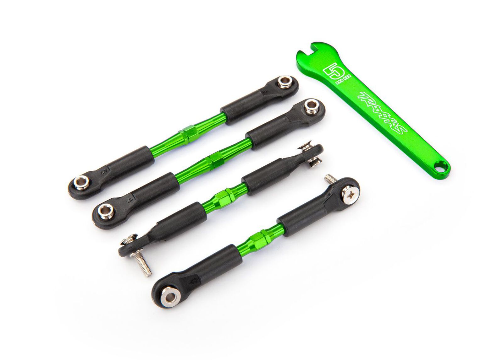 Turnbuckles, Aluminum (Green-anodized), Camber Links, Front, 39mm (2), Rear, 49mm (2) (Assembled W/rod Ends & Hollow Balls)/ Wrench