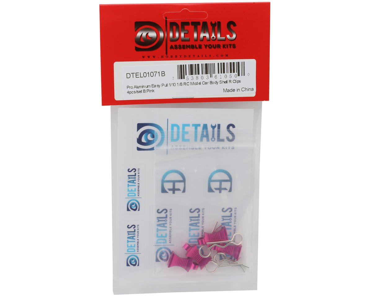 Hobby Details Pro Aluminum Easy Pull 1/10 & 1/8 Body Clips (Pink) (4)