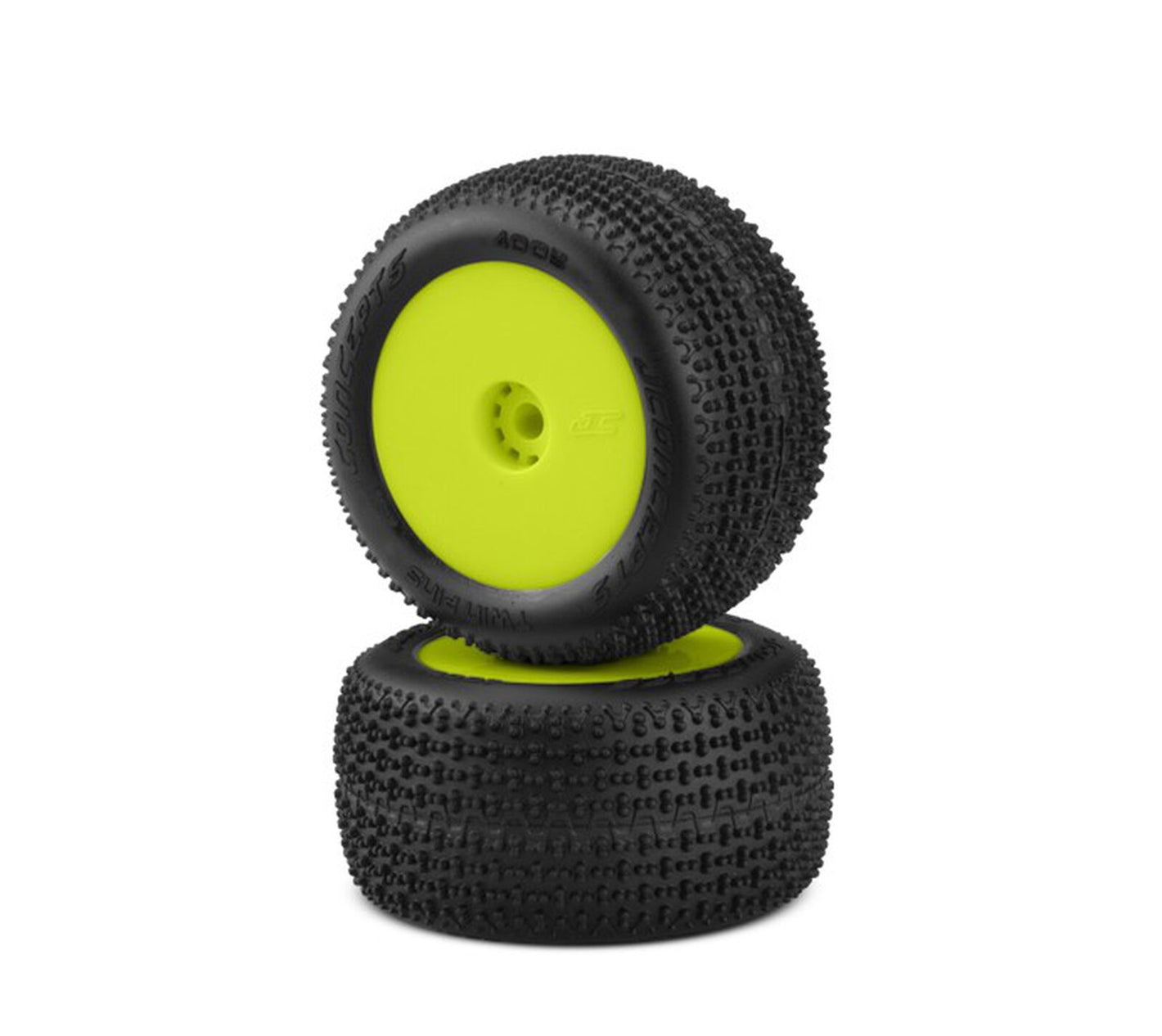 Twin Pin Tires, Pink Compound, Pre-Mounted, Yellow Wheels, Fits Losi Mini-T 2.0 / Mini-B Rear