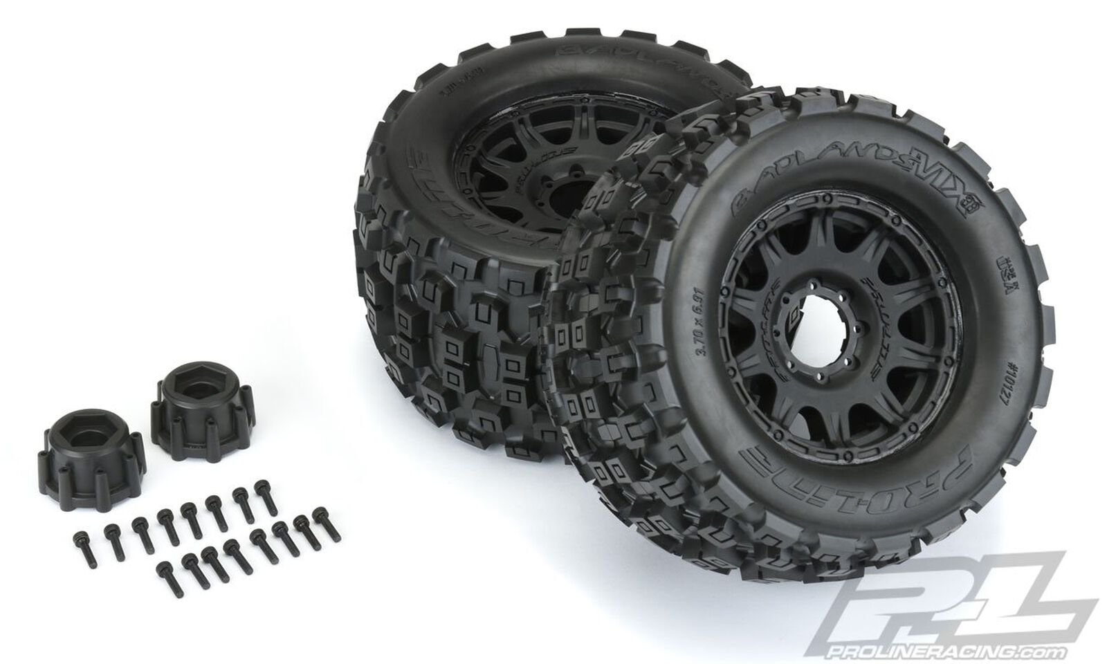 1/8 Badlands MX38 F/R 3.8" MT Tires Mounted 17mm Blk Raid (2)