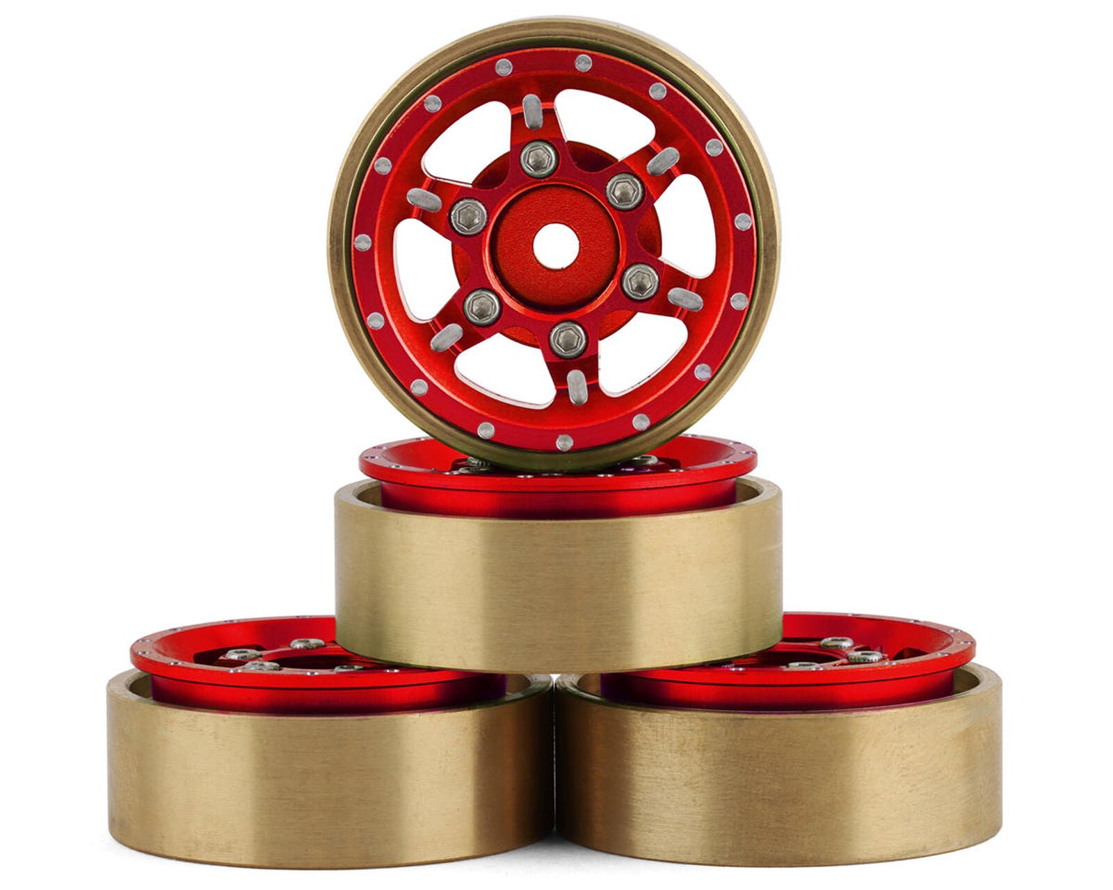 SCX24 Aluminum & Brass Adjustable Offset 1.0" Beadlock Wheels (Red) (4) (23.75g)