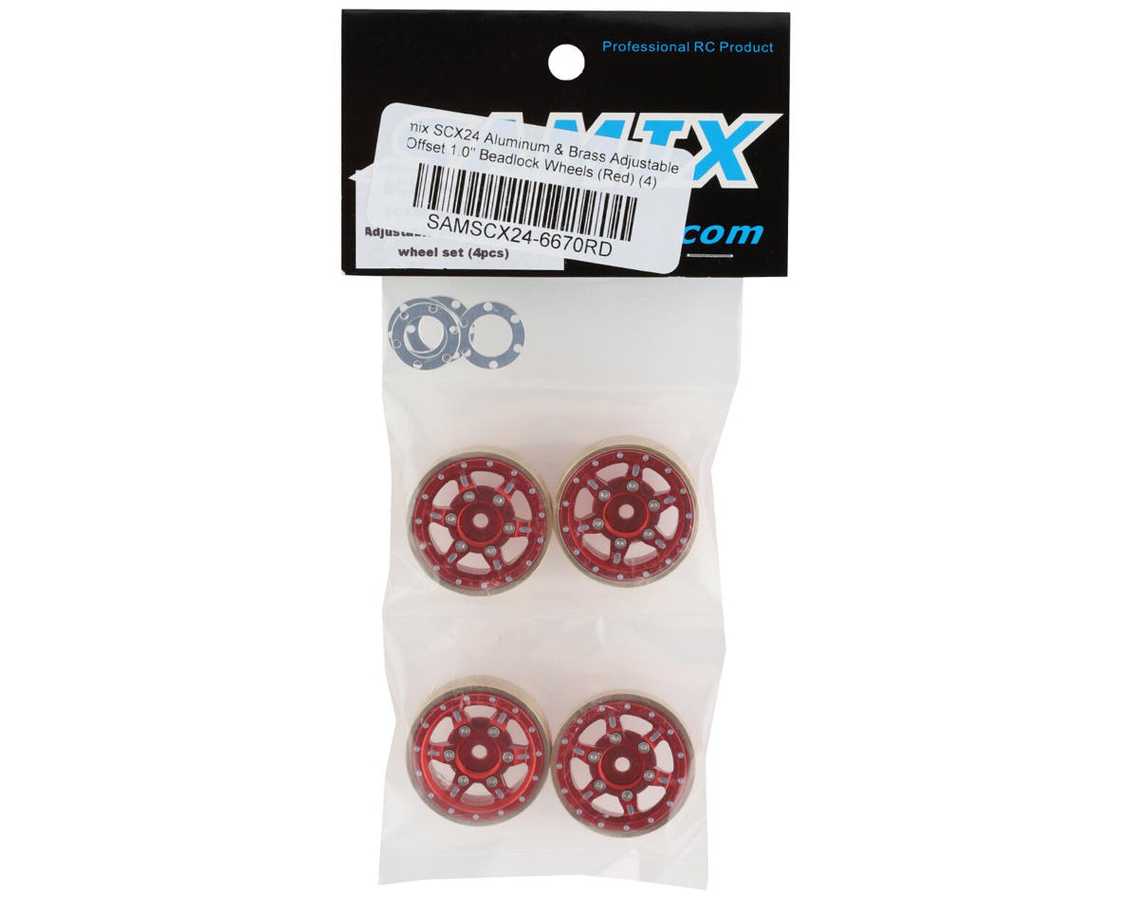 SCX24 Aluminum & Brass Adjustable Offset 1.0" Beadlock Wheels (Red) (4) (23.75g)