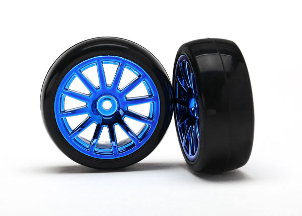 LaTrax Pre-Mounted Slick Tires & 12-Spoke Wheels (Blue Chrome) (2)