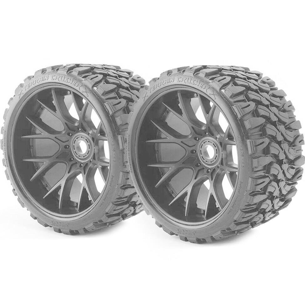 Monster Truck Terrain Crusher Belted tire preglued on WHD Black wheel 2pc set