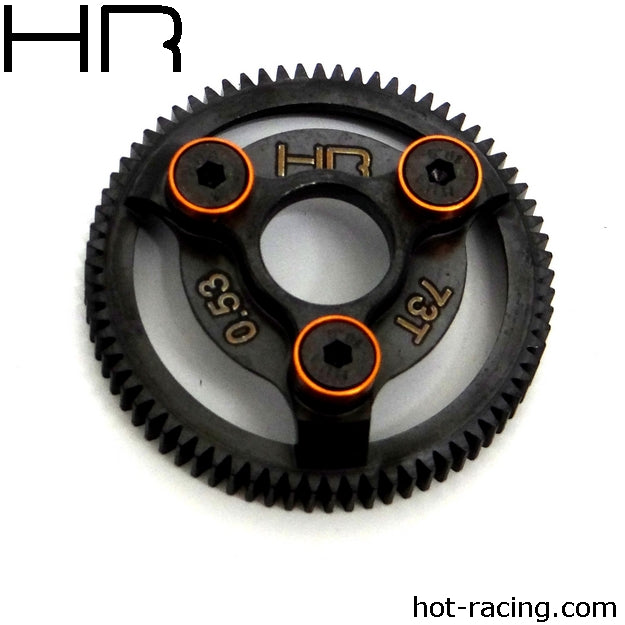 Hot Racing Steel 73 Tooth 48 Pitch Spur Gear with Orange Washers, for Traxxas Slash HRASTE873