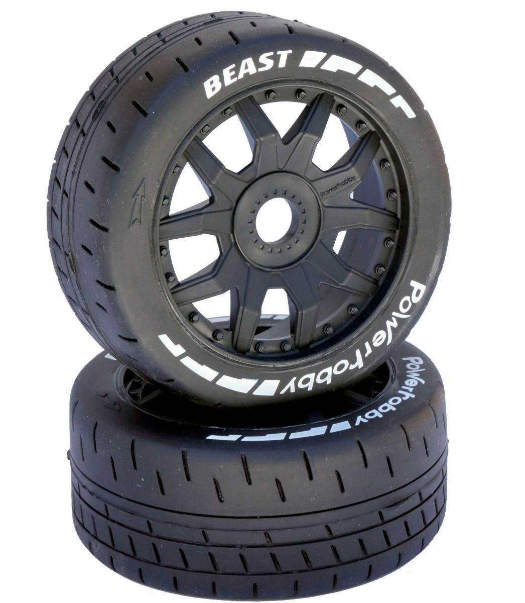 Powerhobby 1/8 GT Beast Belted Mounted Tires 17mm Medium Black Wheels PHBPHT2401MB