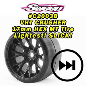 Sweep C1003B MT VHT Crusher Belted tire preglued on WHD Black wheel (2) (SWEEP)