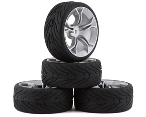 Yeah Racing Spec T Pre-Mounted On-Road Touring Tires w/MS Wheels (Silver) (4) w/12mm Hex & 3mm Offset YEA-WL-0104